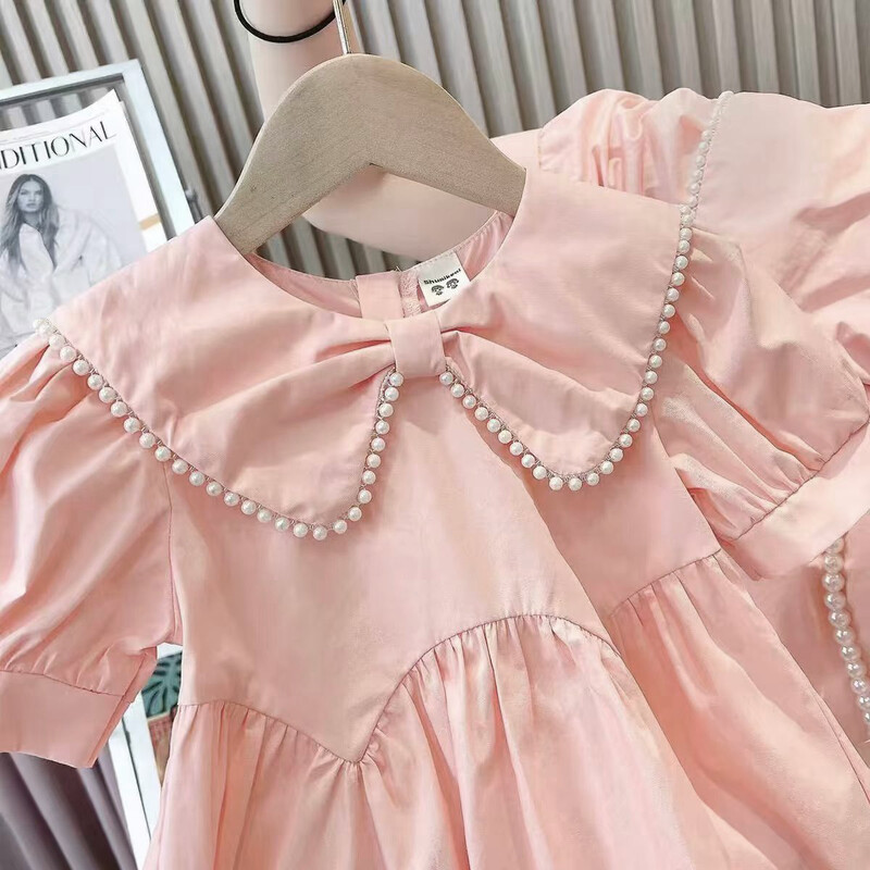 Väikese tüdruku puuvillane mullvarrukatega kleit klappkraega vabaajakleit 2024 ühevärviline 1-7T laste suveriided