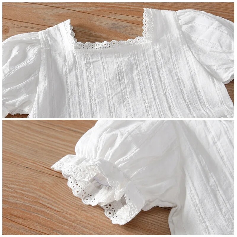 Väike maven Korea suvine armas beebitüdruk soliidsed riided Elegantne valge kleit pits lastele värskendav tüdrukute printsessi peokleit