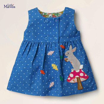 Little maven 2024 Κορίτσια Ρούχα Καλοκαιρινό Φόρεμα Casual Rabbit Blue Vestidos Αμάνικο βαμβακερό μωρό φόρεμα για νήπια 2-7 ετών