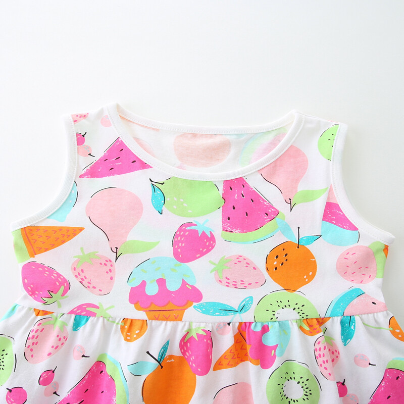 Little maven Cartoon Fruit Print Varrukateta päikesekleit Ilusad tüdrukute kleidid Armsad lasteriided Pühade beebitüdrukute puuvillased kleidid
