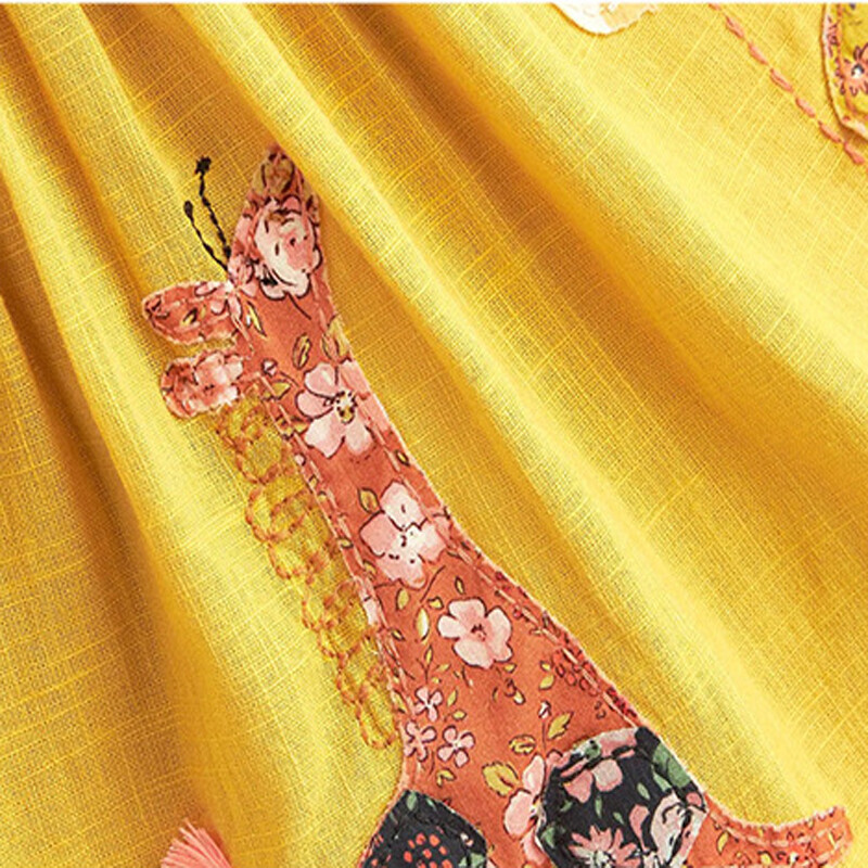 Little maven Tüdrukud Kollased Kleidid Loomade Kaelkirjak Aplikatsioonid Laste Peokleit Puuvillane Lasteriided Armas pits Elegantsed Kleidid