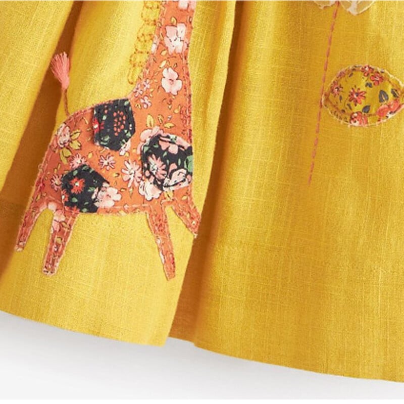 Little maven Tüdrukud Kollased Kleidid Loomade Kaelkirjak Aplikatsioonid Laste Peokleit Puuvillane Lasteriided Armas pits Elegantsed Kleidid