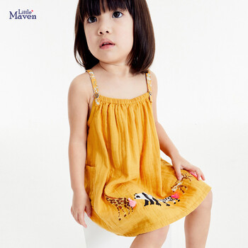 Little maven 2024 Baby girls Summer Clothes Slip Dress Βαμβακερές εκτυπώσεις από ελέφαντα με καμηλοπάρδαλη για παιδιά Βρεφικό φόρεμα για νήπια