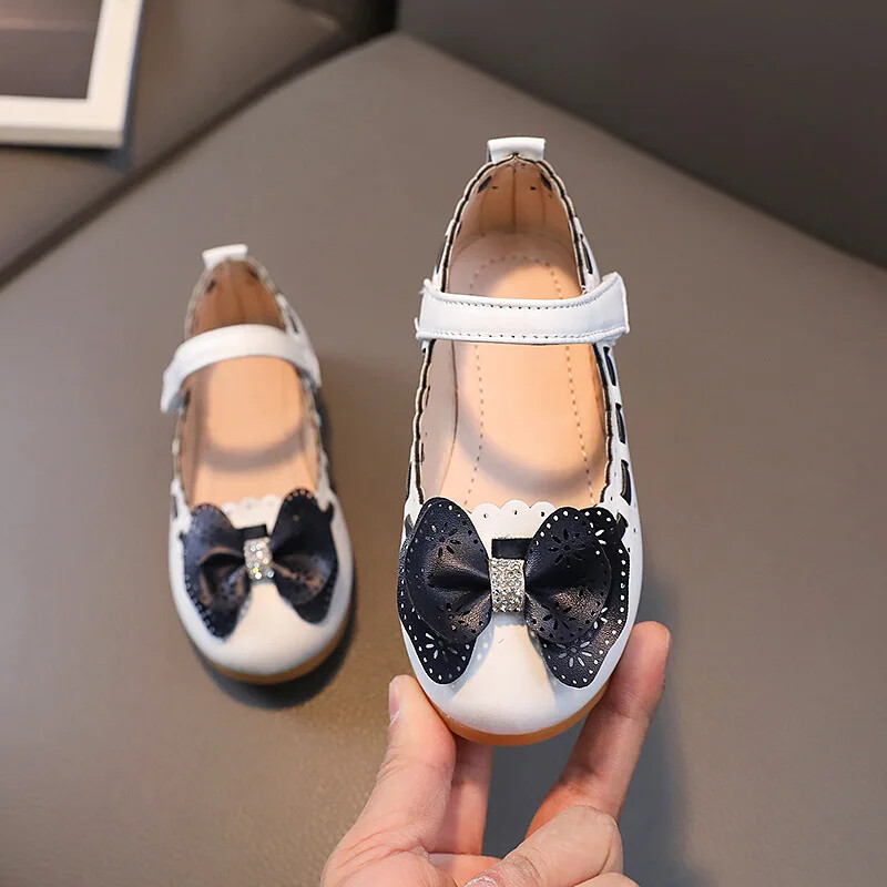 Odiniai batai mergaitėms, mažiems vaikams, dideliems vaikams, plokščiapadžiai klasikinė princesė su lanku. Madingi 2023 m. pavasario vasaros batai vaikams