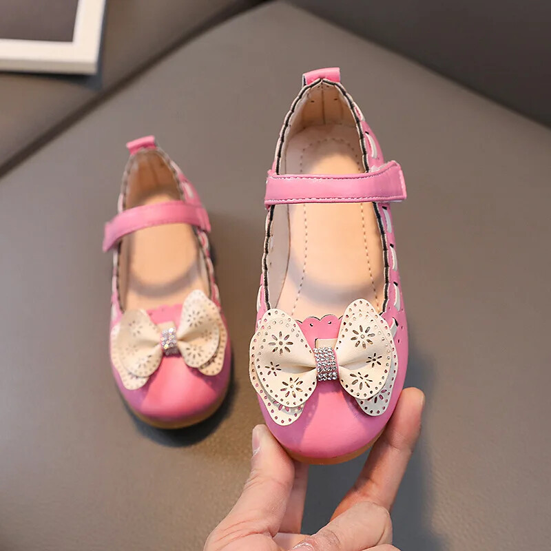 Odiniai batai mergaitėms, mažiems vaikams, dideliems vaikams, plokščiapadžiai klasikinė princesė su lanku. Madingi 2023 m. pavasario vasaros batai vaikams