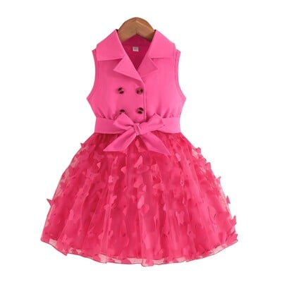 Rochie pentru copii 2-7 ani aniversare la modă fără mâneci drăguț fluture broderie plasă cu centură rochii prințesă Ootd pentru fete