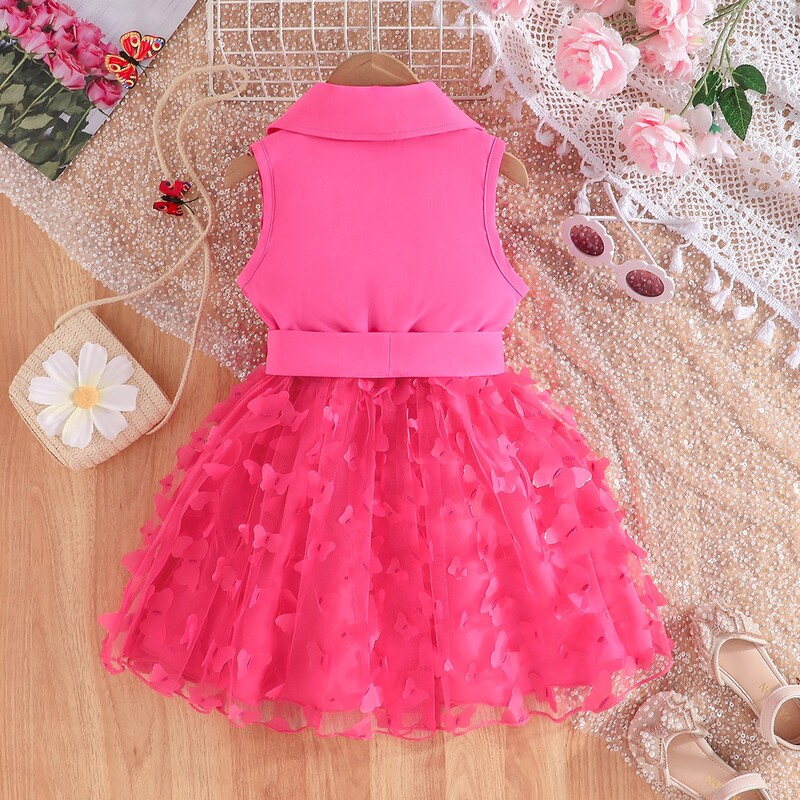 Rochie pentru copii 2-7 ani aniversare la modă fără mâneci drăguț fluture broderie plasă cu centură rochii prințesă Ootd pentru fete