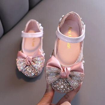 Νέα Παιδικά Δερμάτινα Παπούτσια Rhinestone Bow Princess Girls Party Dance Shoes Βρεφικά Φοιτητικά Flats Παιδικά παπούτσια Performance D785