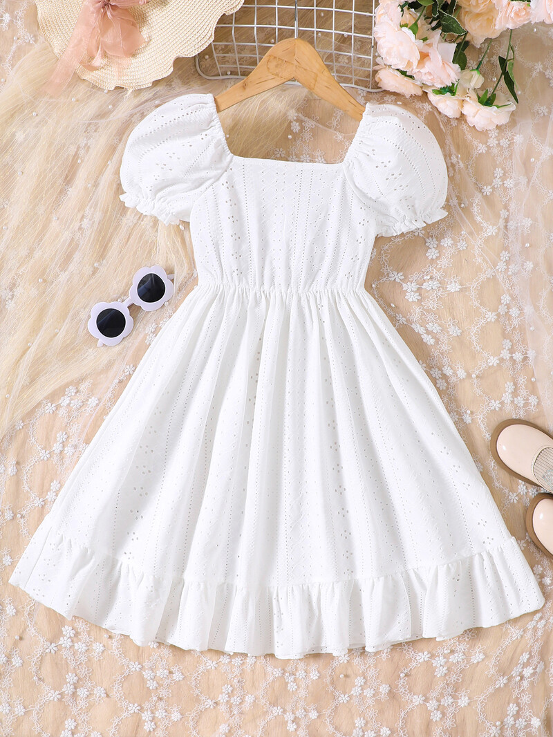 Meiteņu vasaras jauns produkts: liela meitenes vienkrāsaina kleita ar dobām piedurknēm un vidukļa vienkrāsainu meiteņu kleitu