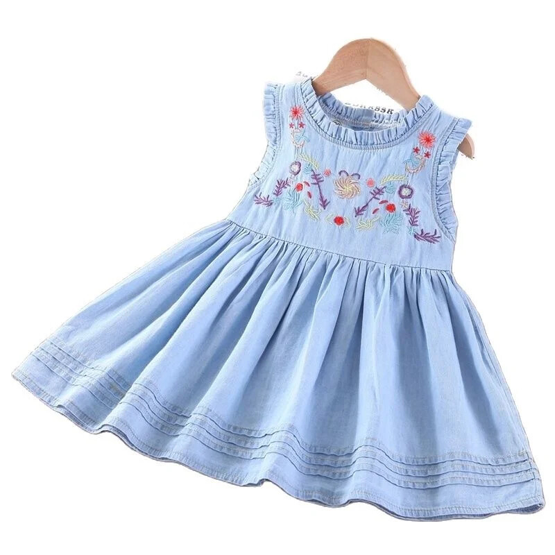 Tüdrukute teksakleit Moodne laste tikitud varrukateta vestikleit väikestele tüdrukutele Kleidid Butiikrõivad 2–7-aastastele