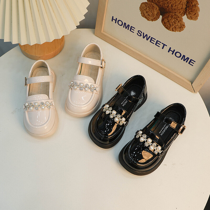 Neklizajuće kožne cipele s bisernim kamenčićima u crnoj/bež boji, ljetne PU kožne cipele za djevojčice Sandalias De Mujer