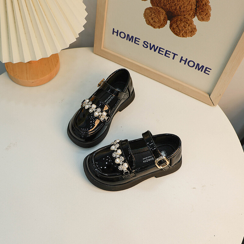 Neklizajuće kožne cipele s bisernim kamenčićima u crnoj/bež boji, ljetne PU kožne cipele za djevojčice Sandalias De Mujer