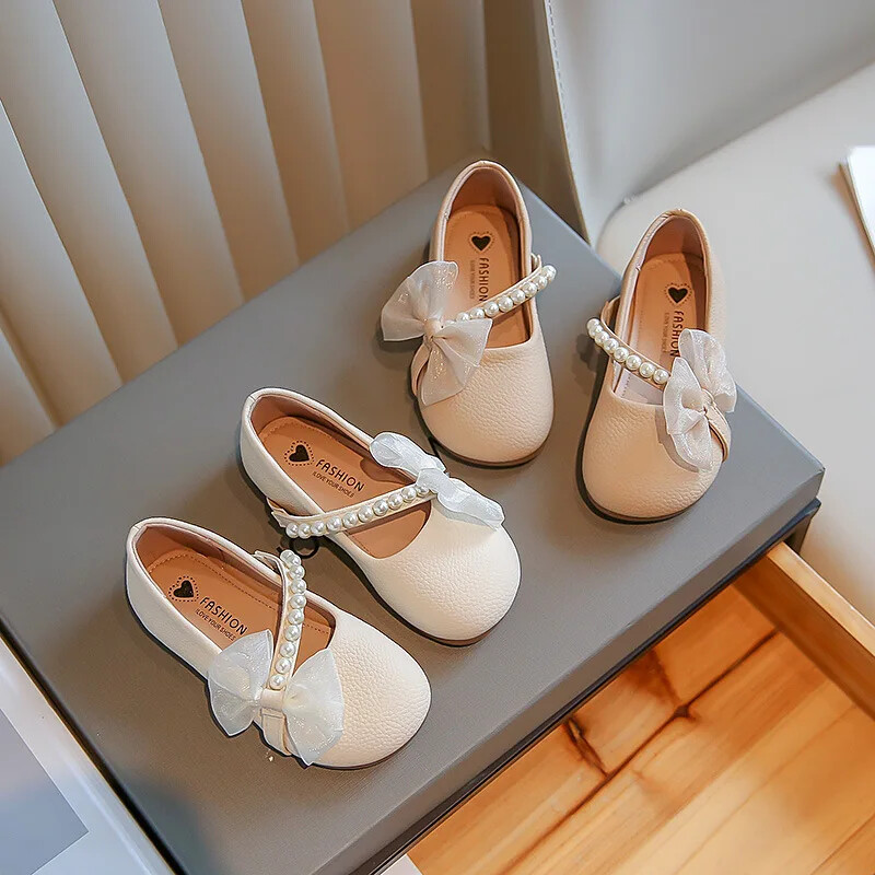 Dječje kožne cipele 2024. Nove modne biserne cipele za djevojčice s mrežastim čvorom Svestrane cipele za djevojčice s mekim potplatom za zabavu