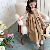 Rochie de prințesă fără mâneci temperament pentru fete de vară copii fustă mare rochie de vestă din bumbac rochie la modă de buzunar de culoare solidă