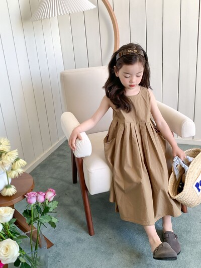 Rochie de prințesă fără mâneci temperament pentru fete de vară copii fustă mare rochie de vestă din bumbac rochie la modă de buzunar de culoare solidă