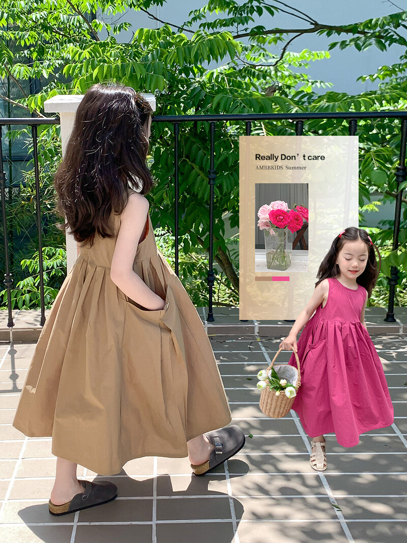 Rochie de prințesă fără mâneci temperament pentru fete de vară copii fustă mare rochie de vestă din bumbac rochie la modă de buzunar de culoare solidă
