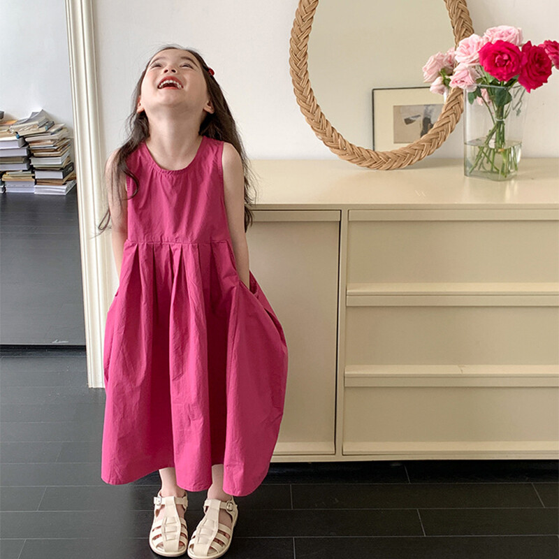 Rochie de prințesă fără mâneci temperament pentru fete de vară copii fustă mare rochie de vestă din bumbac rochie la modă de buzunar de culoare solidă