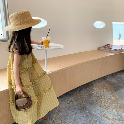 Rochie pentru fete, ediție coreeană de vară 2024, rochie pentru fete, galbenă, în carouri, ocazională, rochie de prințesă, în stil doamnelor, îmbrăcăminte pentru copii