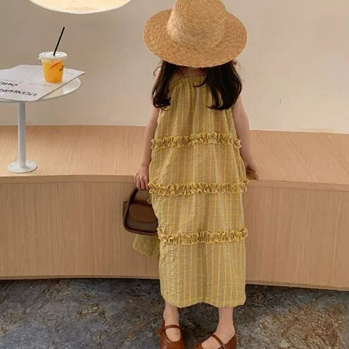 Rochie pentru fete, ediție coreeană de vară 2024, rochie pentru fete, galbenă, în carouri, ocazională, rochie de prințesă, în stil doamnelor, îmbrăcăminte pentru copii