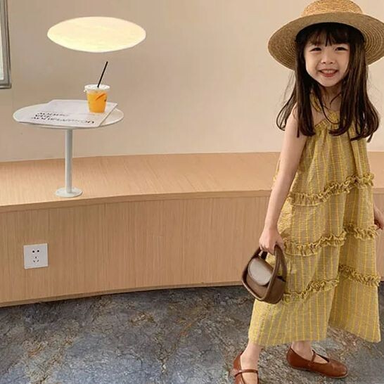 Rochie pentru fete, ediție coreeană de vară 2024, rochie pentru fete, galbenă, în carouri, ocazională, rochie de prințesă, în stil doamnelor, îmbrăcăminte pentru copii