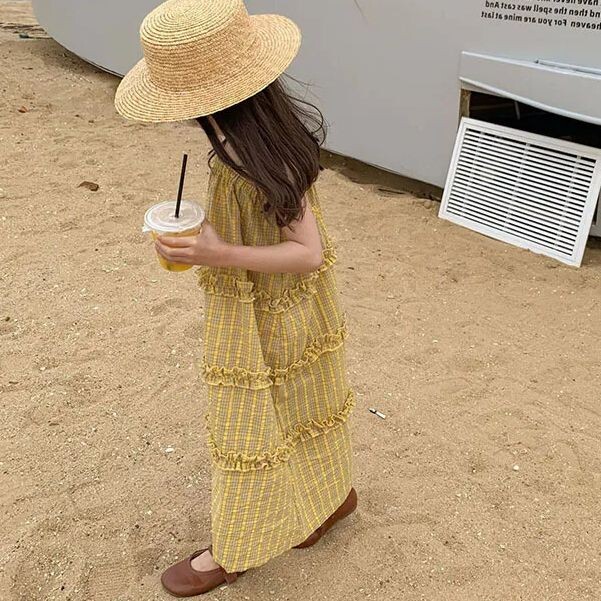 Rochie pentru fete, ediție coreeană de vară 2024, rochie pentru fete, galbenă, în carouri, ocazională, rochie de prințesă, în stil doamnelor, îmbrăcăminte pentru copii