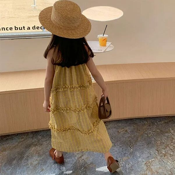 Rochie pentru fete, ediție coreeană de vară 2024, rochie pentru fete, galbenă, în carouri, ocazională, rochie de prințesă, în stil doamnelor, îmbrăcăminte pentru copii