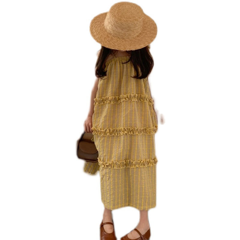 Rochie pentru fete, ediție coreeană de vară 2024, rochie pentru fete, galbenă, în carouri, ocazională, rochie de prințesă, în stil doamnelor, îmbrăcăminte pentru copii