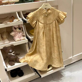 Φορέματα για κορίτσια, καλοκαιρινά καινούργια παιδικά ρούχα Πριγκίπισσα με ιπτάμενο μανίκι 2024 Μόδα Στρογγυλό γιακά με συμπαγή πλισέ εκτύπωση