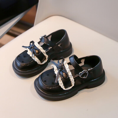 Tüdrukute võrgust printsessikingad Väikeste tüdrukute vibu, väike nahast laste mustad naiste aarete kingad Pehme tallaga üksikud kingad