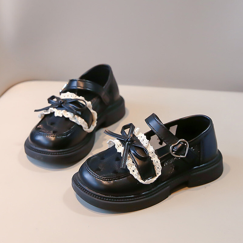 Tüdrukute võrgust printsessikingad Väikeste tüdrukute vibu, väike nahast laste mustad naiste aarete kingad Pehme tallaga üksikud kingad