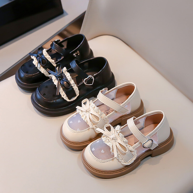 Tüdrukute võrgust printsessikingad Väikeste tüdrukute vibu, väike nahast laste mustad naiste aarete kingad Pehme tallaga üksikud kingad