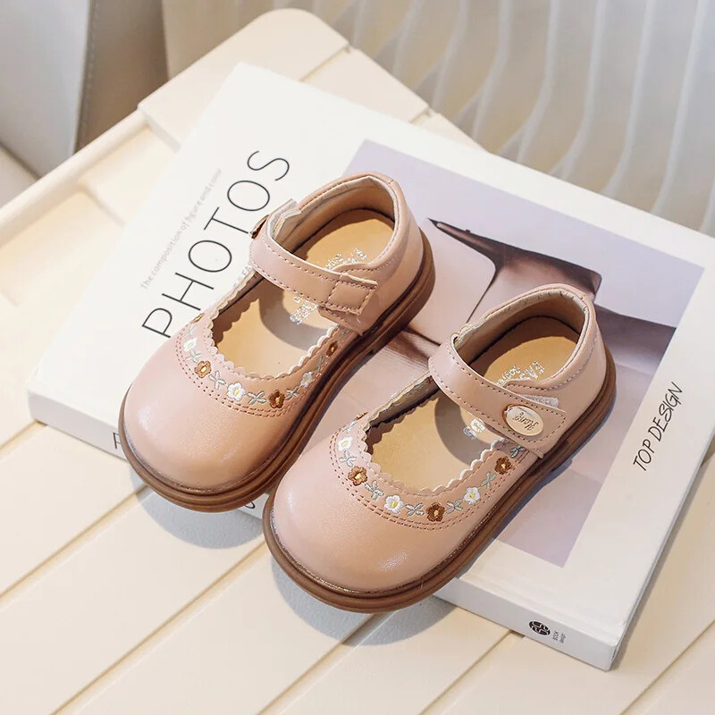 Laste nahast kingad Mood Tikitud lillega tüdrukute lamedad kingad Põhjuslik mitmekülgne kevad-sügis Laste printsessikingad libisemiskindlad