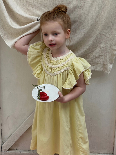 Haljina za djevojčice 2024. u korejskom stilu, nova, jednobojna, labava, udobna modna ljetna dječja haljina princeze s lotos rukavima