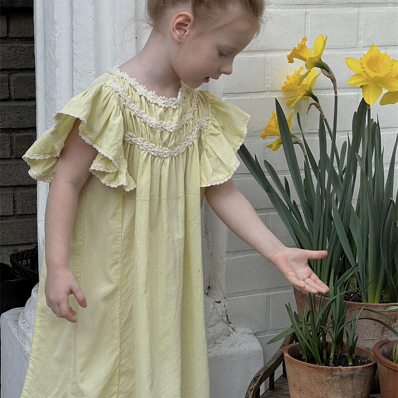 Haljina za djevojčice 2024. u korejskom stilu, nova, jednobojna, labava, udobna modna ljetna dječja haljina princeze s lotos rukavima