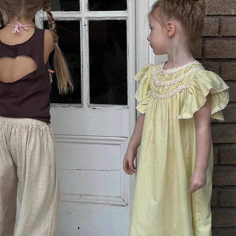 Haljina za djevojčice 2024. u korejskom stilu, nova, jednobojna, labava, udobna modna ljetna dječja haljina princeze s lotos rukavima
