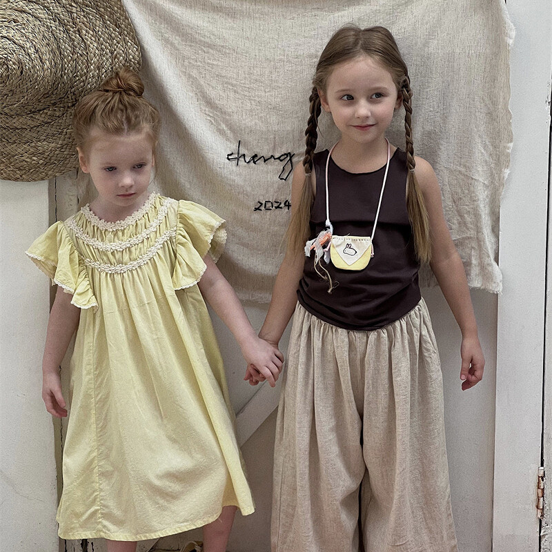 Haljina za djevojčice 2024. u korejskom stilu, nova, jednobojna, labava, udobna modna ljetna dječja haljina princeze s lotos rukavima