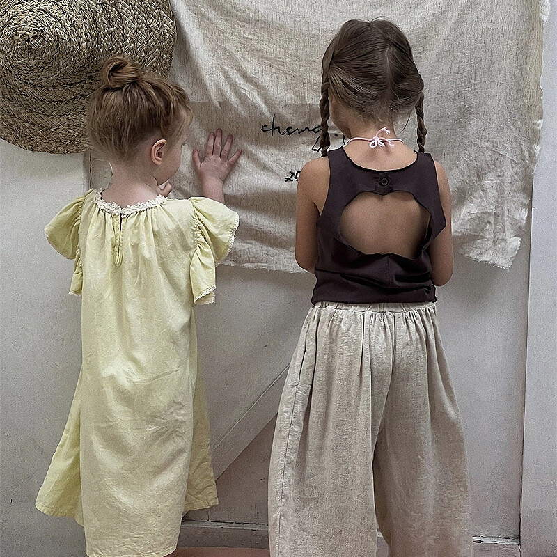 Haljina za djevojčice 2024. u korejskom stilu, nova, jednobojna, labava, udobna modna ljetna dječja haljina princeze s lotos rukavima