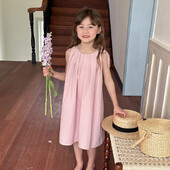 Suvine Väikese printsessi ühevärvilised kleidid Lastele Elegantne lühike plisseeritud varrukateta kleit Tüdrukutele seljata kikkkleit