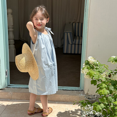 Suvine Väikese printsessi ühevärvilised kleidid Lastele Elegantne lühike plisseeritud varrukateta kleit Tüdrukutele seljata kikkkleit