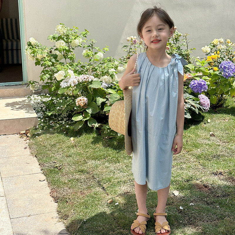Suvine Väikese printsessi ühevärvilised kleidid Lastele Elegantne lühike plisseeritud varrukateta kleit Tüdrukutele seljata kikkkleit