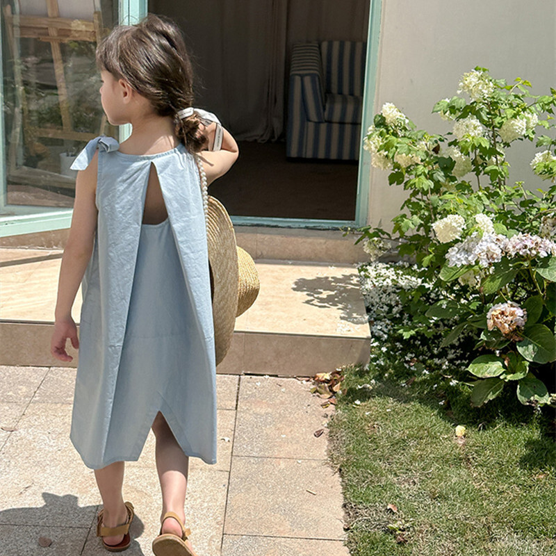 Suvine Väikese printsessi ühevärvilised kleidid Lastele Elegantne lühike plisseeritud varrukateta kleit Tüdrukutele seljata kikkkleit