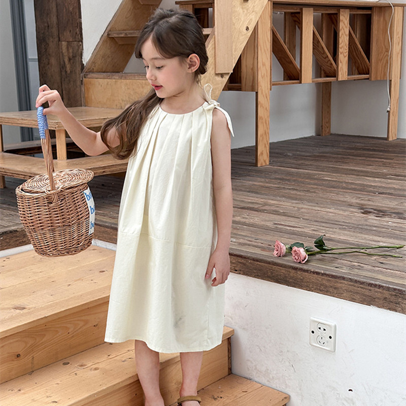 Suvine Väikese printsessi ühevärvilised kleidid Lastele Elegantne lühike plisseeritud varrukateta kleit Tüdrukutele seljata kikkkleit