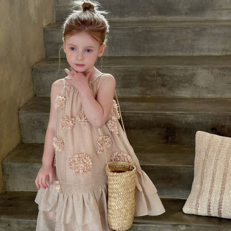 Rochii casual pentru fete de vară Îmbrăcăminte nouă pentru copii Fete coreene Fete coreene Sling jacquard Long plisat simplu 2024