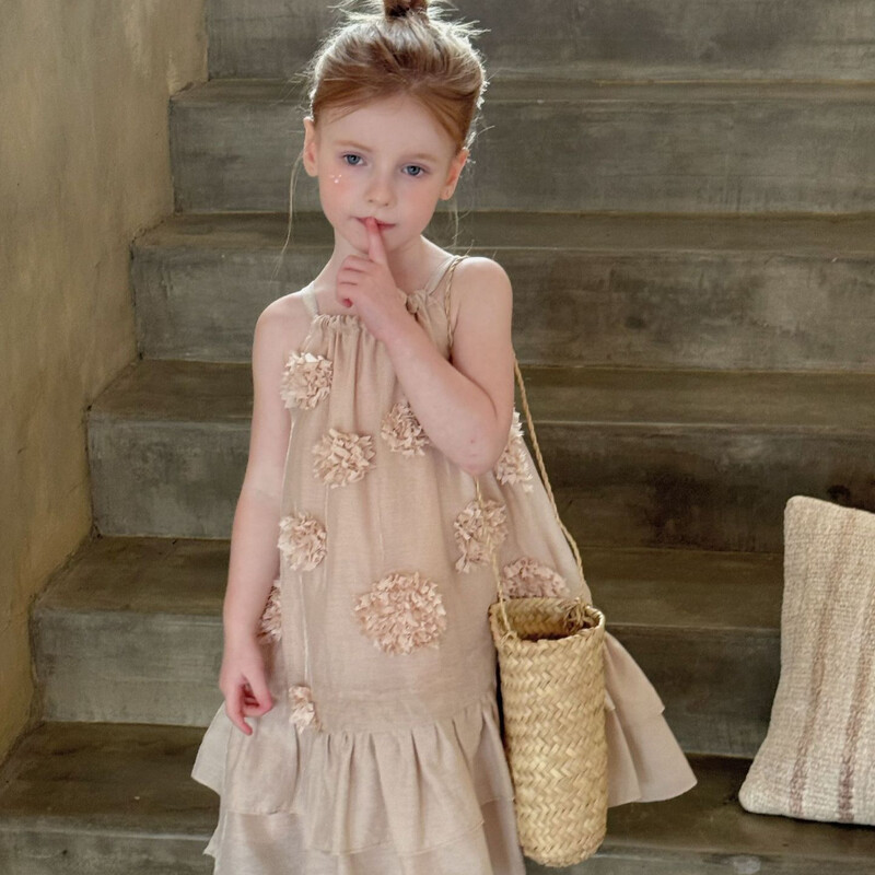 Rochii casual pentru fete de vară Îmbrăcăminte nouă pentru copii Fete coreene Fete coreene Sling jacquard Long plisat simplu 2024