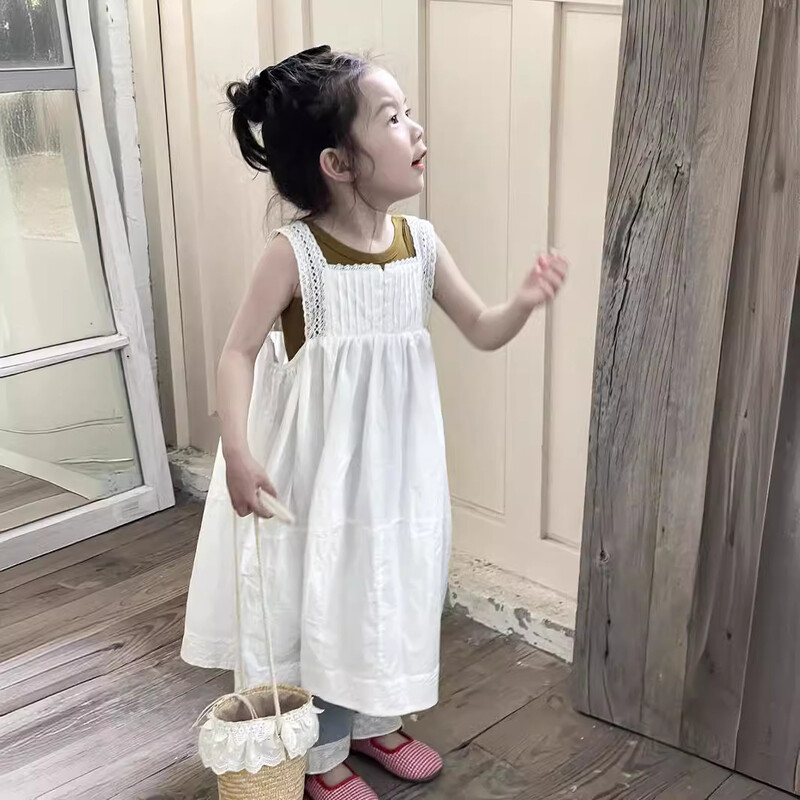 Tüdrukute vabaajakleidid Printsessi suvi Uus Korea 2024 valge pitslillega vest, pikad õõnsad lasteriided