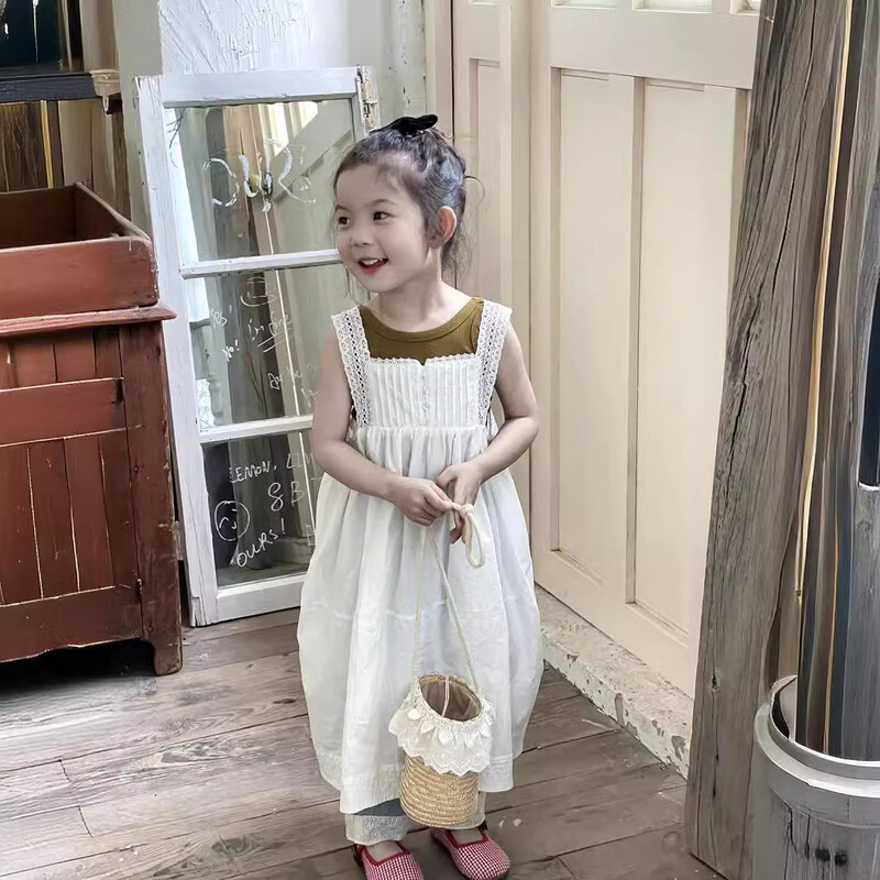 Tüdrukute vabaajakleidid Printsessi suvi Uus Korea 2024 valge pitslillega vest, pikad õõnsad lasteriided