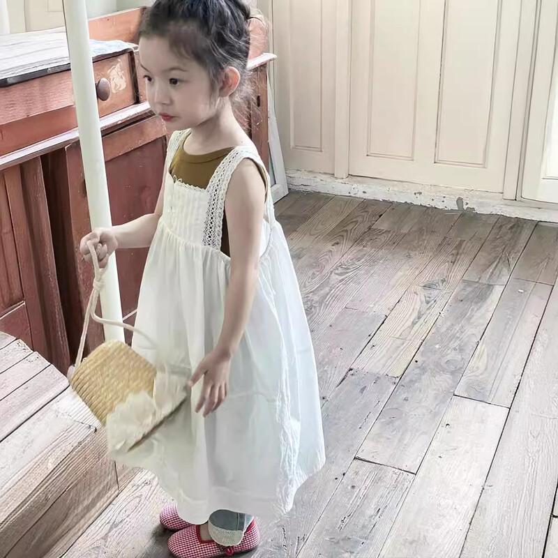 Tüdrukute vabaajakleidid Printsessi suvi Uus Korea 2024 valge pitslillega vest, pikad õõnsad lasteriided