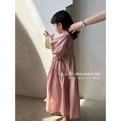 Καλοκαιρινά ρούχα για κορίτσια Φόρεμα με φούσκα μανίκια μόδας 2024 Νέο καλοκαιρινό παιδικό φόρεμα πριγκίπισσας μέχρι το γόνατο Ροζ τάση