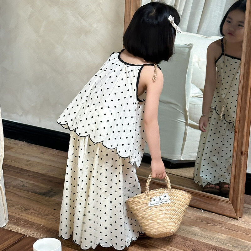 Laste rõivakomplekt 2024 Suvine uus täpiline varrukateta särk ja seelik Kaheosaline komplekt Tüdrukule armas täpiline magus komplekt