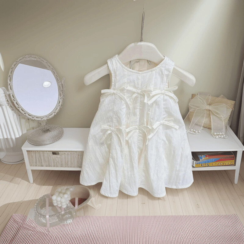 2024. Ljetna bijela haljina za djevojčice Modna mašna Bez rukava Dječje rođendanske ležerne haljine Dječja odjeća Vestidos Kostimi